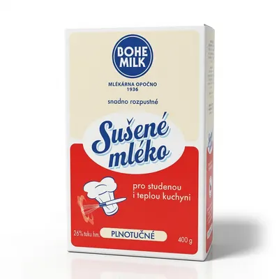 Sušené plnotučné mléko Bohemilk v balení 400 g vhodné do krémů, těst a polev na dorty a dezerty