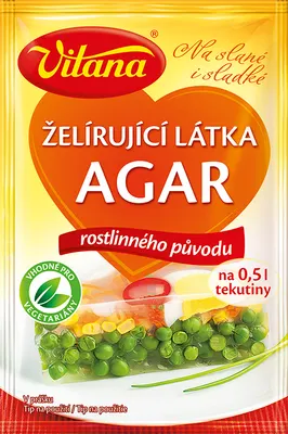 Rostlinná želírující látka agar v prášku pro přípravu želé, náplní a ovocných polev na dorty