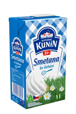 Smetana ke šlehání Mlékárna Kunín s 31% obsahem tuku v balení 4 x 1 l pro dorty a dezerty