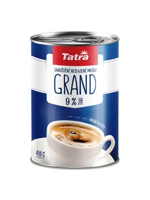 Tatra Grand zahuštěné neslazené mléko 9 % tuku v dvojbalení po 410 g, vhodné do dezertů a krémů