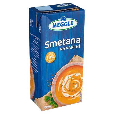 Smetana na vaření MEGGLE s 10% tuku v litrovém balení, vhodná k zjemnění omáček, polévek a slaných pokrmů