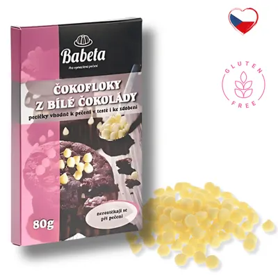 Čokofloky z bílé čokolády Kovandovi, 80 g, k zapékání do těsta i na dekoraci moučníků