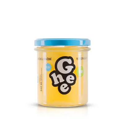 Přepuštěné máslo ghí BIO v chlazeném balení o hmotnosti 270 g s oříškovou vůní vhodné na smažení a pečení