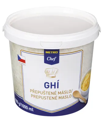 Přepuštěné máslo ghí v balení o objemu 1 litr, vhodné na vaření a pečení