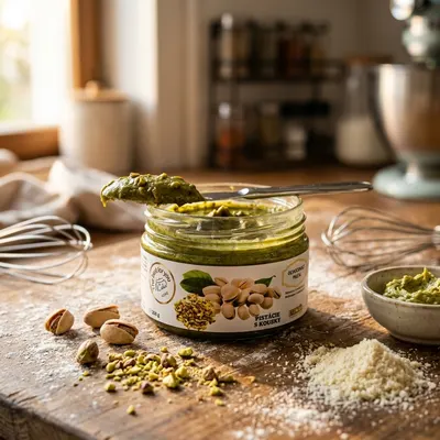 Ochucovací pasta MEC3 s příchutí pistácie a kousky pistácií v balení 200 g na ochucení krémů a dortů