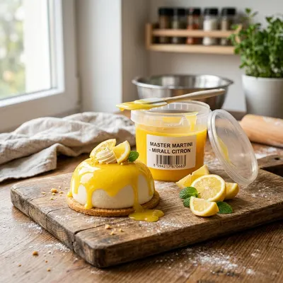Žlutá zrcadlová poleva Mirall s citronovou příchutí od značky Master Martini, balení 250 g na zdobení dortů a dezertů