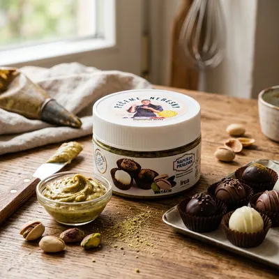 Křupavá pistáciová náplň IRCA Delicrisp v balení 250 g určená k plnění pralinek a dortů