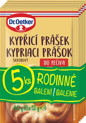 Kypřicí prášek Dr. Oetker v pěti sáčcích po 12 g, vhodný pro pečení lehkých korpusů a dortů