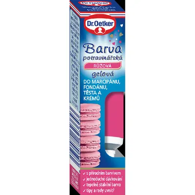 Potravinářská gelová barva Dr. Oetker v růžovém odstínu pro barvení dortů, krémů a těst, balení 10 g