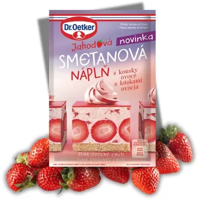 Jahodová smetanová náplň Dr. Oetker s kousky ovoce na plnění a zdobení dortů a zákusků