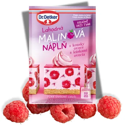 Malinová smetanová náplň Dr. Oetker v sáčku 50 g pro šlehání krému s kousky ovoce na dorty a zákusky