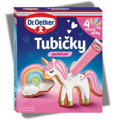 Dr. Oetker tubičky na zdobení v pastelových barvách, čtyři kusy po 19 g pro kreslení linek a psaní nápisů na dorty