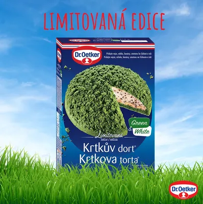 Dr. Oetker Krtkův dort Green & White v zelené variantě s banány a čokoládovými vločkami, 410 g