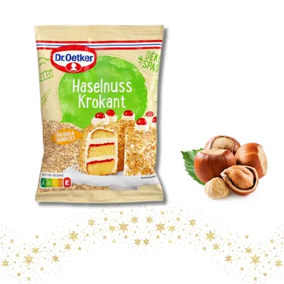 Dr. Oetker pražené sekané lískové ořechy v cukru, krokant na posypání dezertů a dortů o hmotnosti 100 g