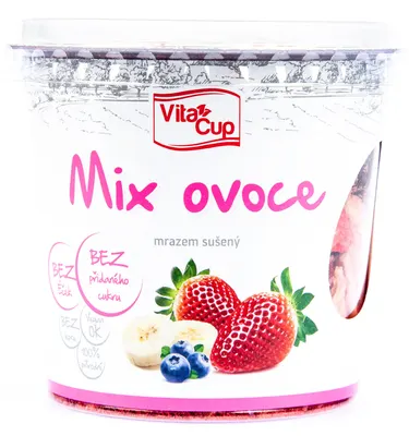 VitaCup lyofilizované ovoce mix v balení 35 g z jahod, banánů a borůvek na dekoraci dortů a dezertů