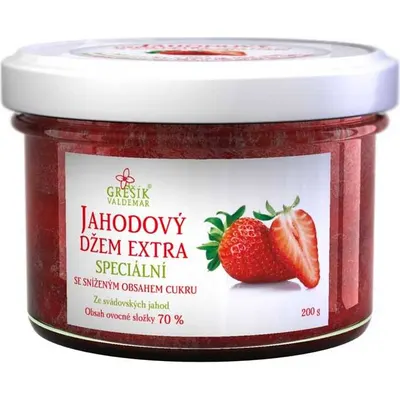 Jahodový džem Grešík extra speciální v skleněné sklenici 200 g vhodný k plnění a promazávání dortů a pečiva