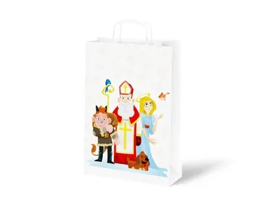 Papírová taška s uchem v bílé barvě značky MFP o rozměru 18 x 24 x 8 cm vhodná na mikulášské sladkosti a drobné dárky