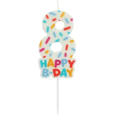 Dortová svíčka ve tvaru číslice 8 s nápisem Happy B-day od značky Folat, výška 7 cm