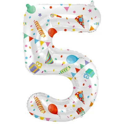 Foliová balonová číslice 5 v barevném provedení Party Joy o velikosti 86 cm k dekoraci narozeninové oslavy