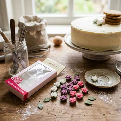 Jemné cukrové růžičky FunCakes na zdobení dortů a cupcaků, 16 kusů v bílé, růžové a fialové barvě