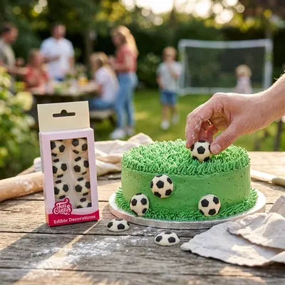 Cukrové zdobení FunCakes ve tvaru fotbalových míčů, 8 ks, na dort a cukrářské dekorace