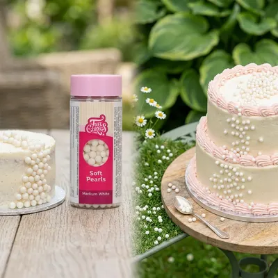 Měkké bílé jedlé perličky střední velikosti FunCakes Soft Pearly na zdobení dortů a cukrářských výrobků