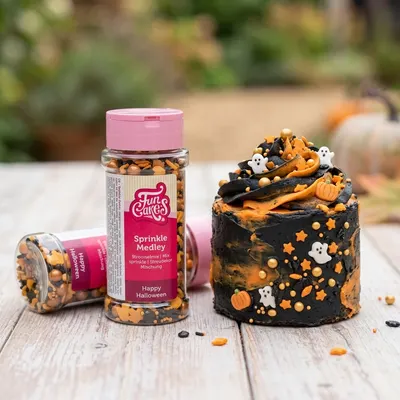 Cukrové sypání FunCakes Happy Halloween s černými, oranžovými a zlatými perličkami a konfetami na pečení a zdobení dortů