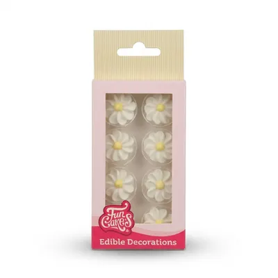 Cukrové ozdoby ve tvaru sedmikrásek od značky FunCakes, 16 kusů bílých květů pro zdobení dortů a cupcaků