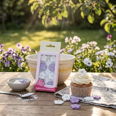 Jemné cukrové květy FunCakes v bílo fialové barvě, 24 kusů na zdobení dortů a dezertů