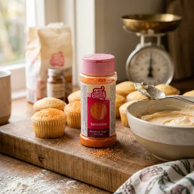 Dekorační cukr FunCakes Sanding Sugar v oranžové barvě s třpytivými krystaly na zdobení dortů a dezertů