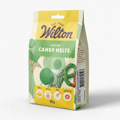 Cukrářská poleva Candy Melts zelené barvy od značky Wilton v balení 125 g k zdobení dortů, cake pops a dezertů