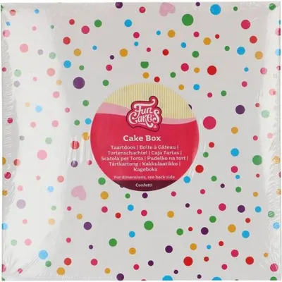 Dortová krabice FunCakes s barevným konfetovým vzorem o rozměru 25x25x15 cm pro bezpečný přenos dortů