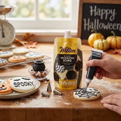 Černá zdobicí poleva Wilton Decorator Icing na perník a sušenky, balení 212 g se čtyřmi zdobicími špičkami