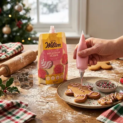 Růžová zdobící poleva Wilton Decorator Icing v sáčku s nástavci pro zdobení perníčků a cukrářských výrobků