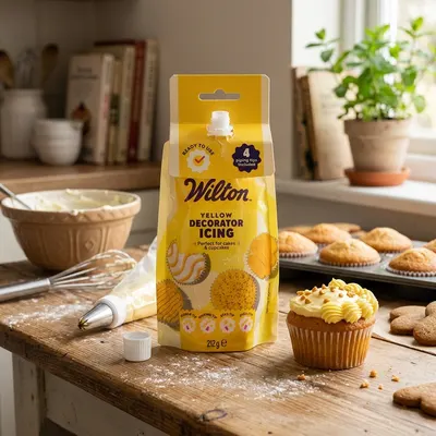 Žlutá zdobicí poleva Wilton na perníčky a cupcakes v sáčku se čtyřmi tryskami, gramáž 212 g