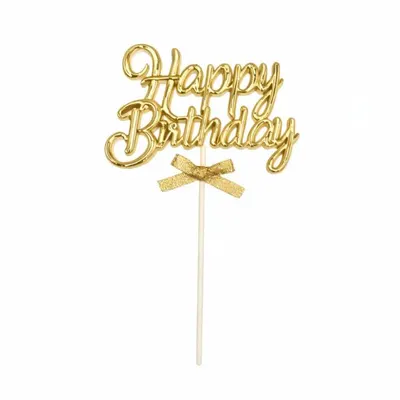Zlatý zápich do dortu s nápisem Happy Birthday a mašličkou na narozeninovou dekoraci
