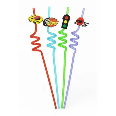 Plastová barevná spirálová brčka se závodními motivy, balení 4 kusů, délka 26 cm, na dětskou party