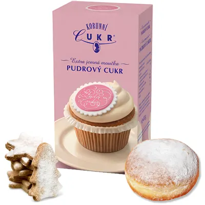 Extra jemný pudrový kurunní cukr v krabičce o hmotnosti 400 g vhodný na cukrování a zdobení pečiva