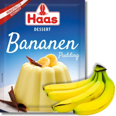Dezertní puding HAAS s příchutí banán v balení 37 g pro rychlou přípravu sladkého krému