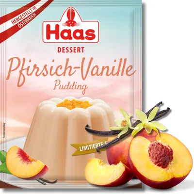 Dezertní puding HAAS s příchutí broskve a vanilky v prášku na přípravu krémového dezertu
