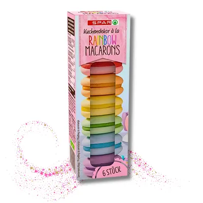 Cukrová dekorace ve tvaru duhových makronek, sada 6 kusů na zdobení dortů a cupcakes