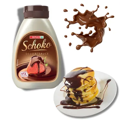 Čokoládový dezertní topping značky SPAR v tubě s rakouskou recepturou, s obsahem kakaa, vhodný na zmrzlinu a dorty