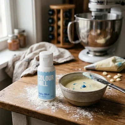 Tekutá olejová barva Colour Mill v světle modrém odstínu baby blue pro barvení krémů a čokolády, objem 20 ml