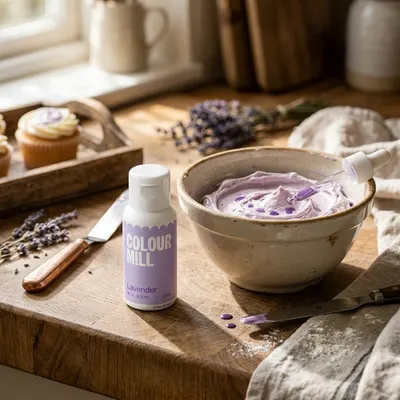 Tekutá olejová barva Colour Mill v levandulovém odstínu pro barvení tučných krémů a čokolády v objemu 20 ml