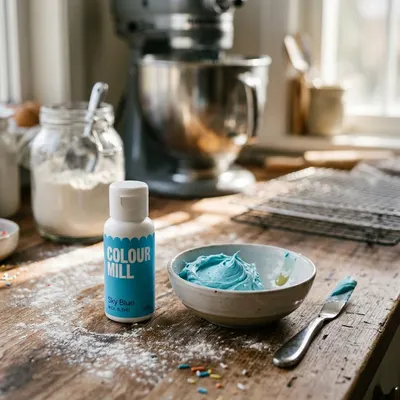 Tekutá olejová barva Colour Mill v nebesky modrém odstínu sky blue pro barvení čokolády, krémů a těsta