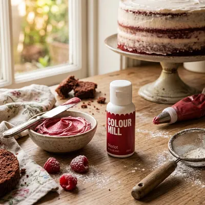 Tekutá olejová barva Colour Mill v tmavě červeném odstínu merlot pro barvení krémů, čokolády a těst