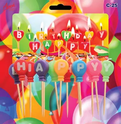 Barevné svíčky na špejli od značky VsM tvořící nápis Happy Birthday pro zdobení narozeninového dortu