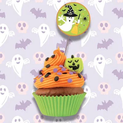 Sada 10 barevných dekoračních zápichů Halloween z dřeva a papíru na ozdobu pečiva a dortíčků