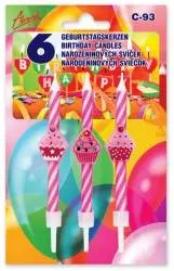 Růžové svíčky na dort s motivem cupcaků, šest kusů, výška 8 cm, vhodné na narozeninové dorty