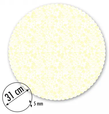 Dortová podložka Alvarak v bílé barvě se žlutým dekorem o průměru 31 cm s pěti krajkovými bílými podložkami